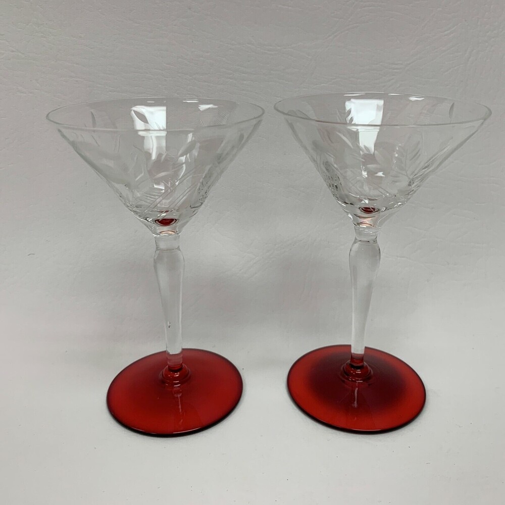 Wine Glass Glasses Clear Floral Red Base 5 1/8" High Lot of 2